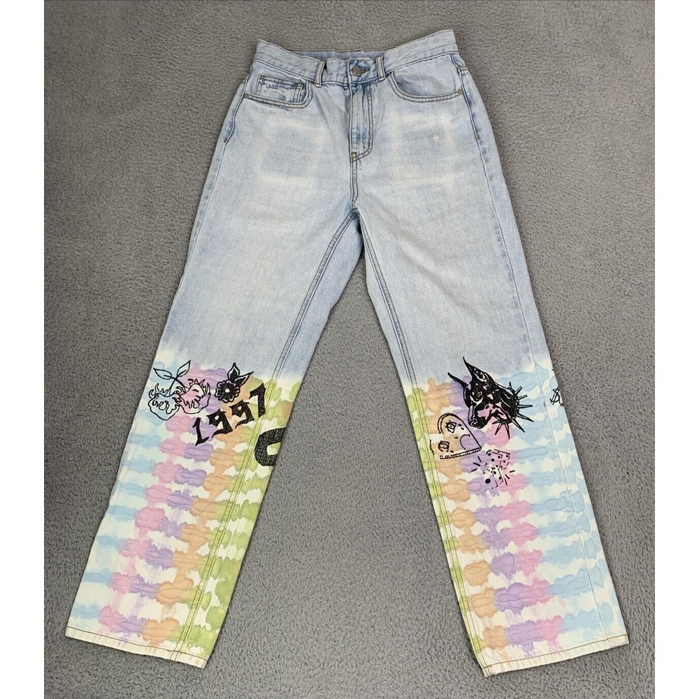 BDG Jeans Womens Size  27 Blue Denim Cowboy Graffiti Dog Skull Chain‎ Straight